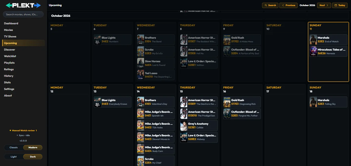 Plekt Upcoming calendar showing metadata-only episode entries