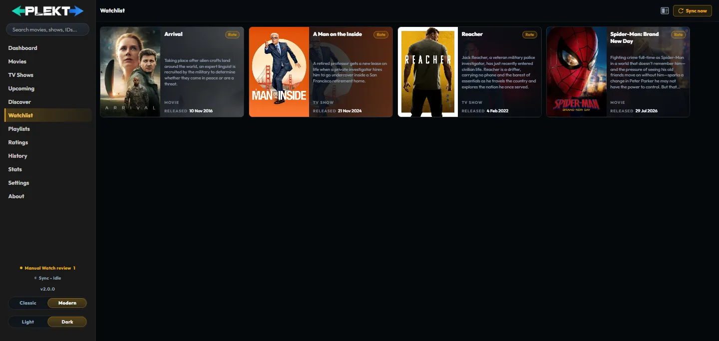 Plekt Watchlist page showing saved movie and TV show cards